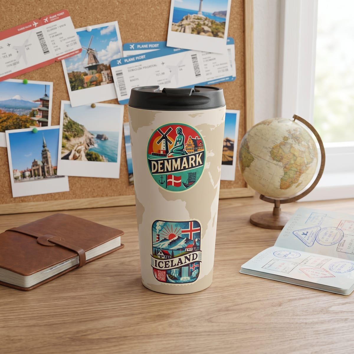 A Wander Tumbler on a desk, printed with Denmark and Iceland badges
