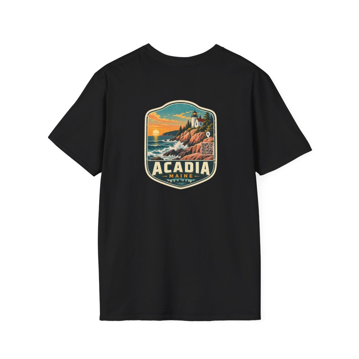 An example Wander Tee: the Acadia badge printed on a black shirt